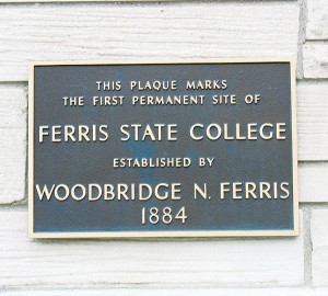 Plaque <span class='credit'>Photo By: Megan Coady | Opinions Editor</span><span class='description'>Plaque: This plaque was placed in 1884, the year the school was founded by Woodbridge N. Ferris to provide a center of learning for Big Rapids and the surrounding community.</span>